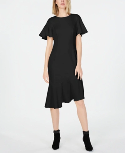 Iconic American Designer Asymmetrical Midi Dress In Black