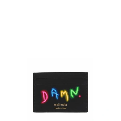 Meli Melo Leather Card Holder "damn." - Olivia Steele Black Neon