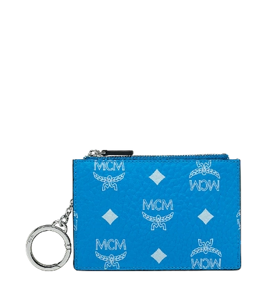 Mcm Key Pouch In White Logo Visetos In T. Blue