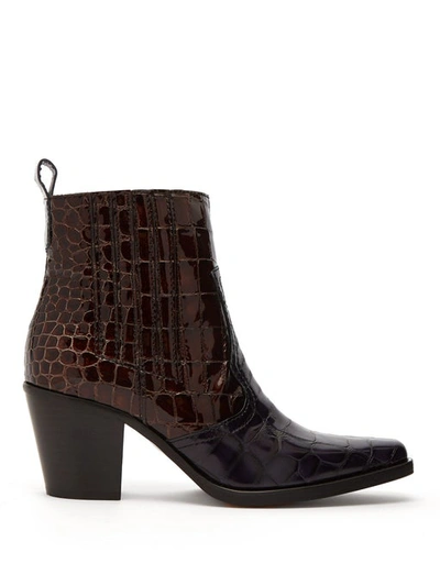 Ganni 70mm Callie Croc Embossed Leather Boots In Navy/brown