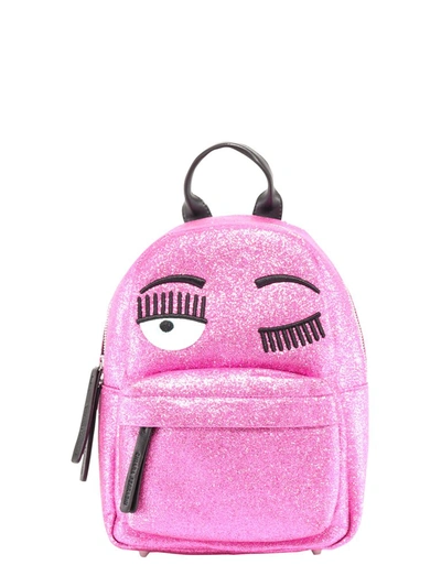 Chiara Ferragni Flirting Small Pink Glitter And Black Faux Leather Backpack In Fuchsia