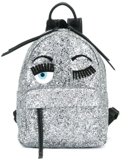 Chiara Ferragni Flirting Eyes Glitter Mini Backpack In Silver,black