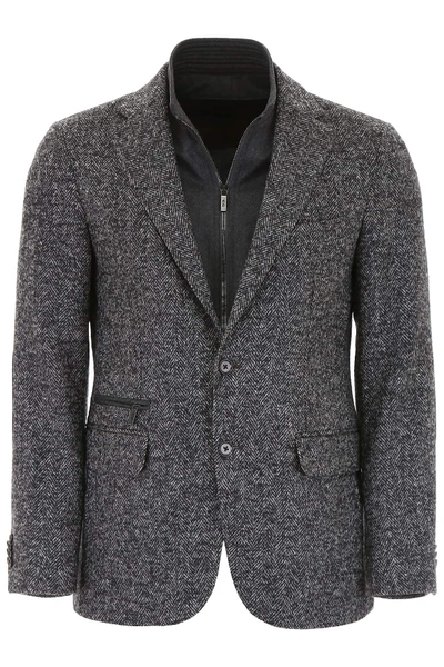 Cc Collection Corneliani Herringbone Blazer With Plastron In Grey,black