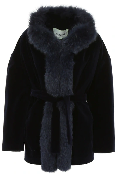 Ava Adore Velvet Coat With Fox Fur In Blue