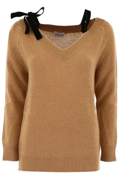 Red Valentino Knit Top With Velvet Bows In Camel|marrone