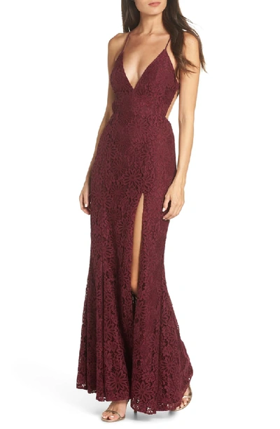 Fame And Partners The Yan Daisy Corded Lace Slit Dress In Wine
