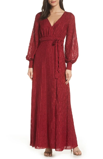 Fame And Partners The Rachel Long Long-sleeve Striped Self-tie Wrap Dress In Burgundy