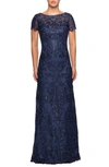 La Femme Boat-neck Short-sleeve Embroidered Lace & Sequin A-line Gown In Blue