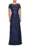 La Femme Boat-neck Short-sleeve Embroidered Lace & Sequin A-line Gown In Navy