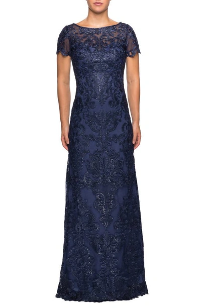 La Femme Boat-neck Short-sleeve Embroidered Lace & Sequin A-line Gown In Navy
