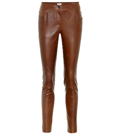 Brunello Cucinelli Leather Skinny-leg Pants In Brown