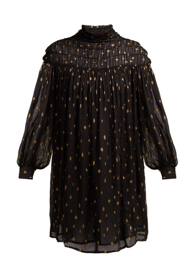 Frame Smocked Metallic Long-sleeve Mini Dress In Noir