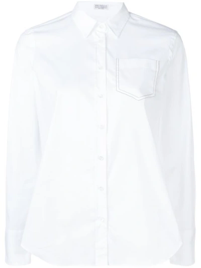 Brunello Cucinelli Long-sleeve Button-front Cotton Poplin Shirt W/ Monili Pocket In White Rose Gold