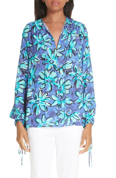 Michael Kors Painted Daisy Crushed Georgette Long-sleeve Tunic Blouse In Turquoise Multi
