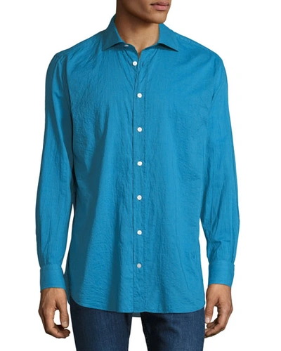 Luciano Barbera Men's Long-sleeve Aqua Cotton Shirt In Navy
