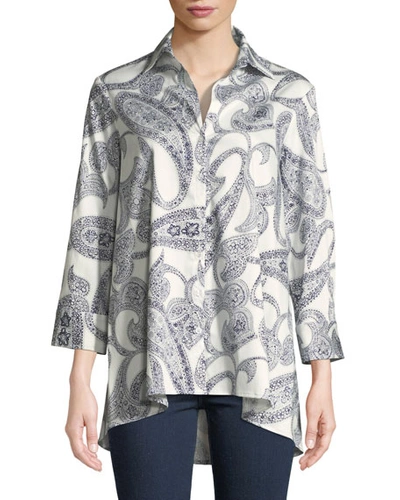 Finley Long-sleeve Paisley-print Trapeze Shirt In White/blue