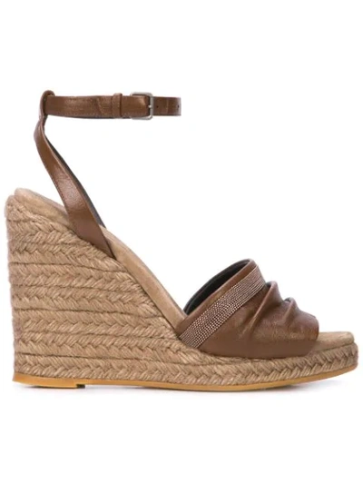 Brunello Cucinelli Leather Wedge Espadrille Sandals With Monili Toe In Brown