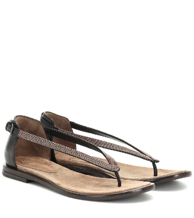 Brunello Cucinelli Flat Monili/leather Thong Sandals In Black