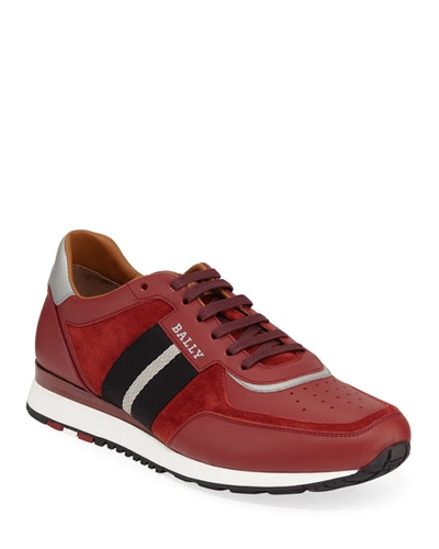 Bally Men's Aston Leather Sneakers W/ Trainspotting Stripe In Red