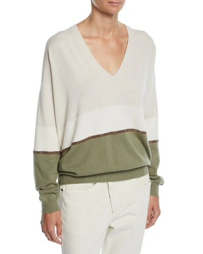 Brunello Cucinelli V-neck Long-sleeve Bicolor Cashmere Pullover Sweater In Green