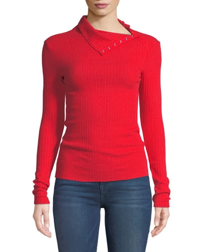 Enza Costa Ribbed Split-collar Long-sleeve Sweater, Red