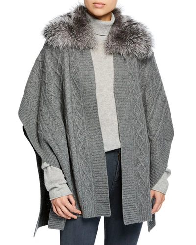Sofia Cashmere Cable Knit Cashmere Cape W/ Fur Collar In Gray