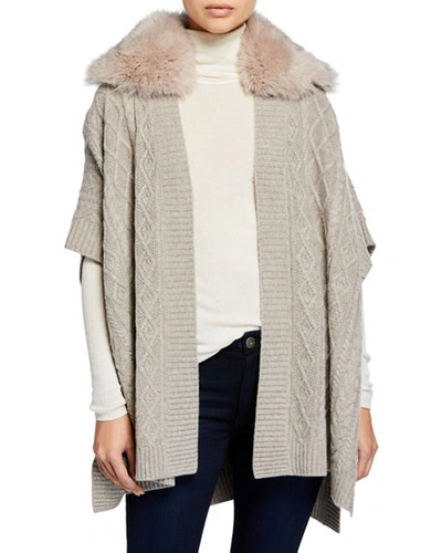 Sofia Cashmere Cable Knit Cashmere Cape W/ Fur Collar In Taupe