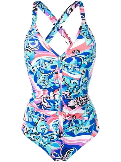 Emilio Pucci Printed Ruched Swimsuit In Blue