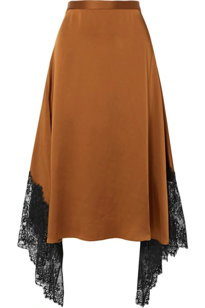 Christopher Kane Asymmetric Lace-paneled Satin Midi Skirt In Brown