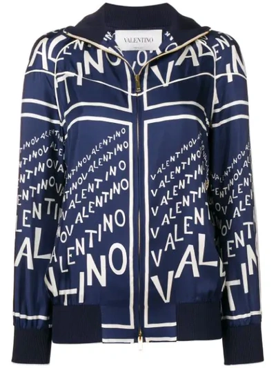 Valentino Navy Printed Silk Twill Bomber Jacket In Blue