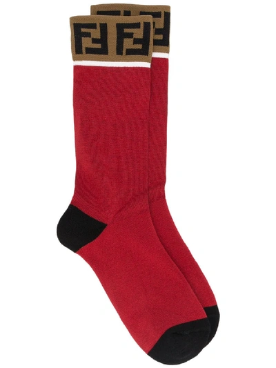 Fendi Logo Patch Socks In Red