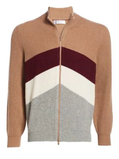 Brunello Cucinelli Sport Graphic Rib-knit Zip Front Sweater In Crumble