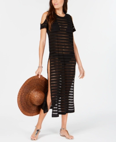 Calvin Klein Crochet Striped Cold-shoulder Cover-up, Created For Macy's Women's Swimsuit In Black