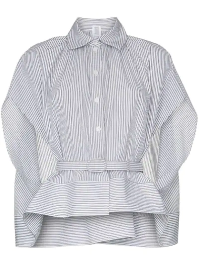 Rosie Assoulin Striped Belted Cotton Cape Shirt In Black White Stripe