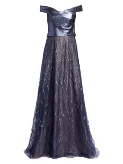 Rene Ruiz Embroidered Off-the-shoulder Gown In Navy