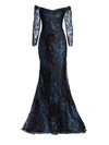 Rene Ruiz Embroidered Tulle Off-the-shoulder Gown In Black Cobalt