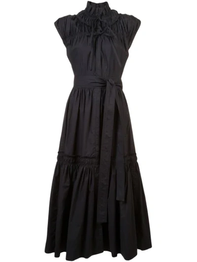 Proenza Schouler Sleeveless Shirred Cotton Tiered Maxi Dress W/ Self-belt In Black