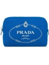 Prada Logo Cosmetic Pouch In Blue