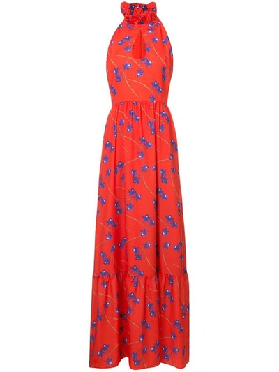 Borgo De Nor Sleeveless Halter Keyhole Orchid-print Maxi Dress In Red