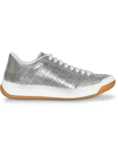 Burberry Perforated Logo Metallic Leather Sneakers In Silver