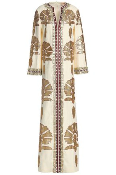 Tory Burch Woman Leather-appliquéd Embellished Linen Maxi Dress Ivory