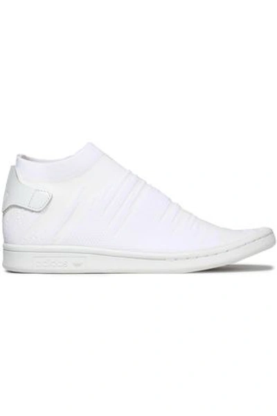 Adidas Originals Woman Stan Smith Leather-trimmed Stretch-knit High-top Sneakers White