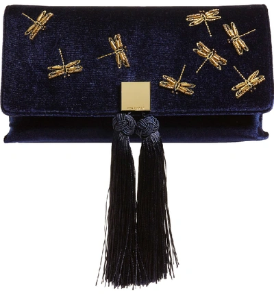 Ted Baker Kasia Beaded Dragonfly Velvet Clutch - Blue In Dark Blue