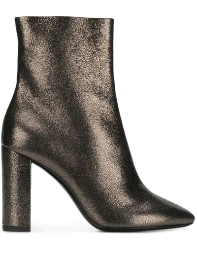 Saint Laurent Lou Ankle Boots In Metallic Leather In 1606 Nero + Gun Metal