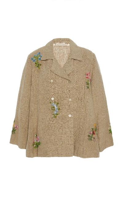 Péro Floral Embroidered Linen Jacket In Neutral
