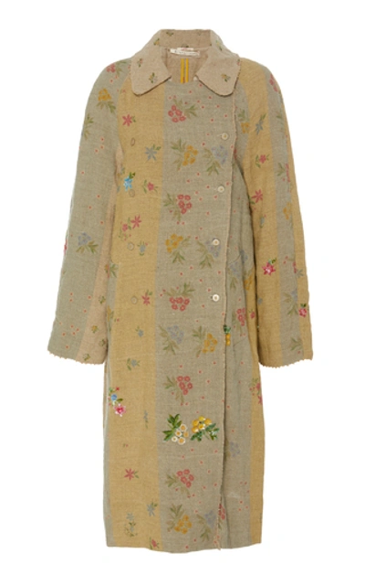 Péro Embroidered Linen Trench Coat In Neutral
