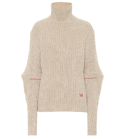 Victoria Beckham Ribbed Wool Turtleneck Sweater In Beige