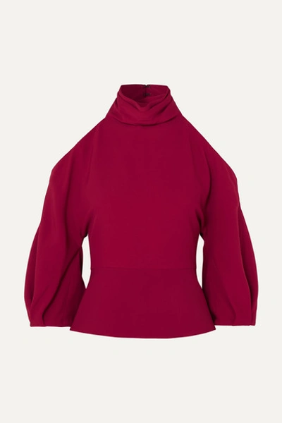 Cushnie Turtleneck Cold-shoulder Blouson-sleeve Stretch-fabric Top In Crimson