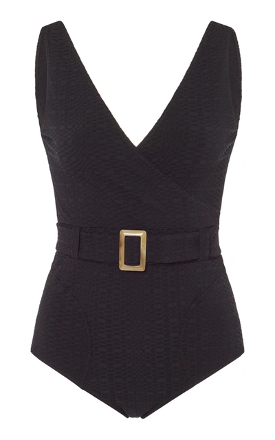 Lisa Marie Fernandez + Net Sustain Yasmin Belted Wrap-effect Seersucker Swimsuit In Black