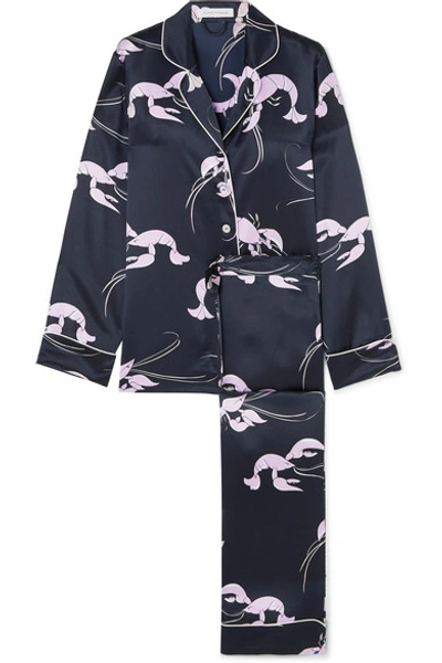 Olivia Von Halle Lila Printed Silk-satin Pajama Set In Navy